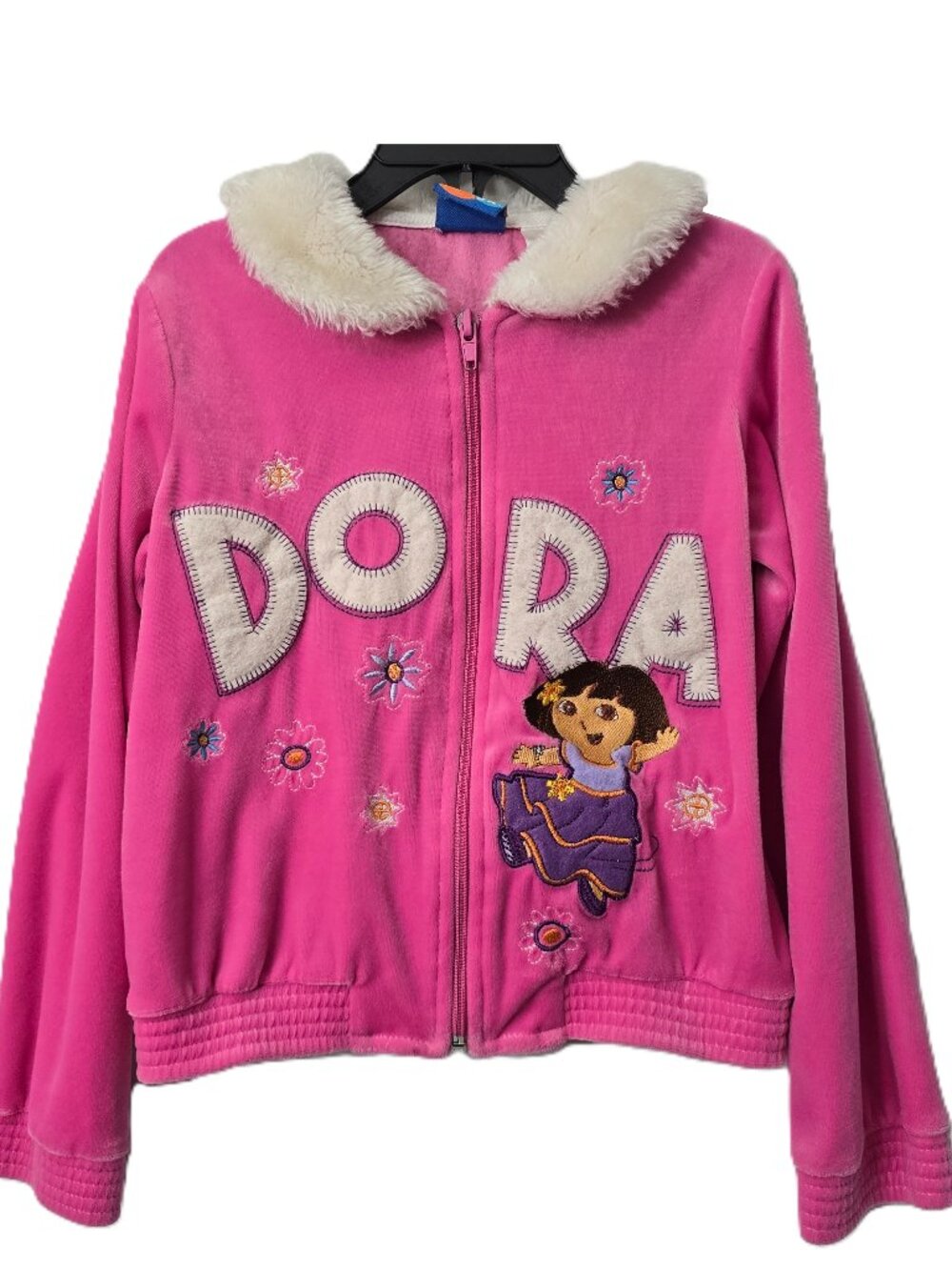 Vintage Dora the Explorer Sweatshirt 6 6X Full Zip Faux Fur Collar Pink BTS Y2K